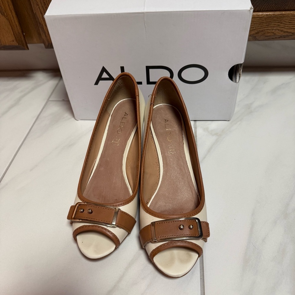 Aldo Cream And Tan Buckle Peep Toe Wedges - image 2